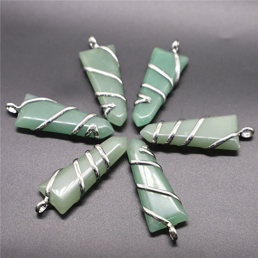 Natural Rough Raw Stone Aventurine Wire Wrapped Quartz Pendant Charm Accessories Women Making DIY Jewerly Necklace Finding 6Pcs