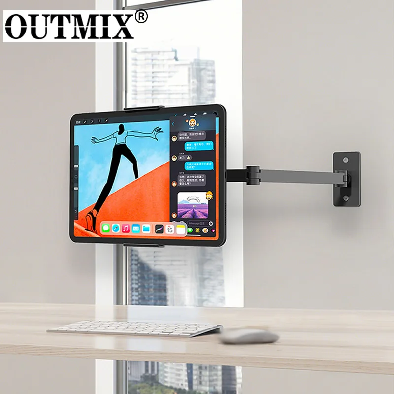 Braço Longo Suporte de Montagem na Parede Tablet Multi Ângulo Ajustável Três Eixo Design Alumínio Telefone Suporte de Montagem na Parede para Iphone Ipad 12.9