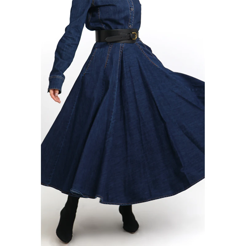 2023 New Autumn Fashion Big Bottoming Women Denim Skirt All-match Hepburn Pettiskirt Mid-long Vintage High Waist Umbrella Skirt women s autumn winter new korean fashion bottoming shirt v neck short knitted sweater pullover high waist jeans three piece set