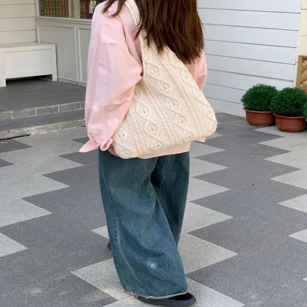 Hollow Women Shoulder Bags Retro Woven Solid Color Crochet Bag Large Capacity Shopping Tote