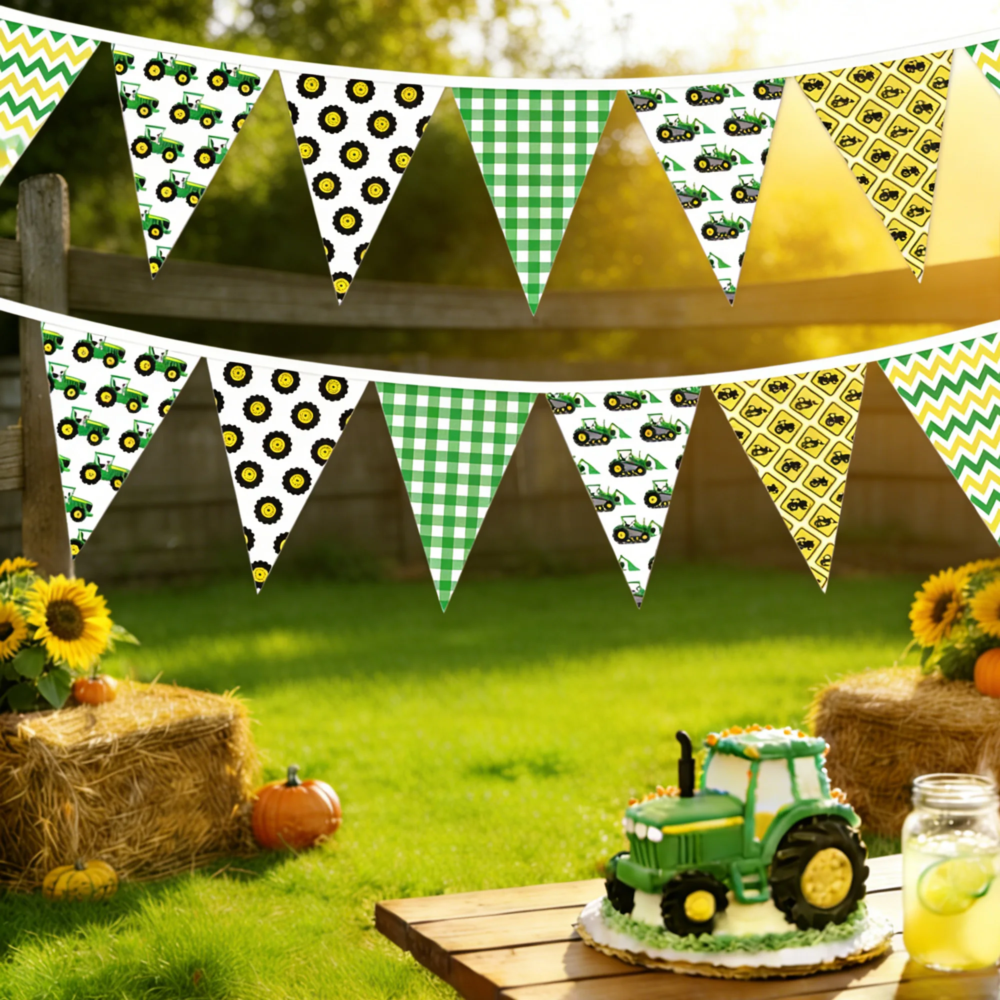Green Tractor Decorations with Checkered and Triangular Flags for Celebrations & Events