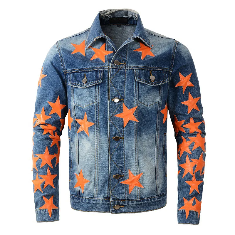 

Luxury Designer Autumn Winter Men's Distressed Coat Orange Color Leather Stars Patches Ripped Ragular Slim Buttons Denim Jackets
