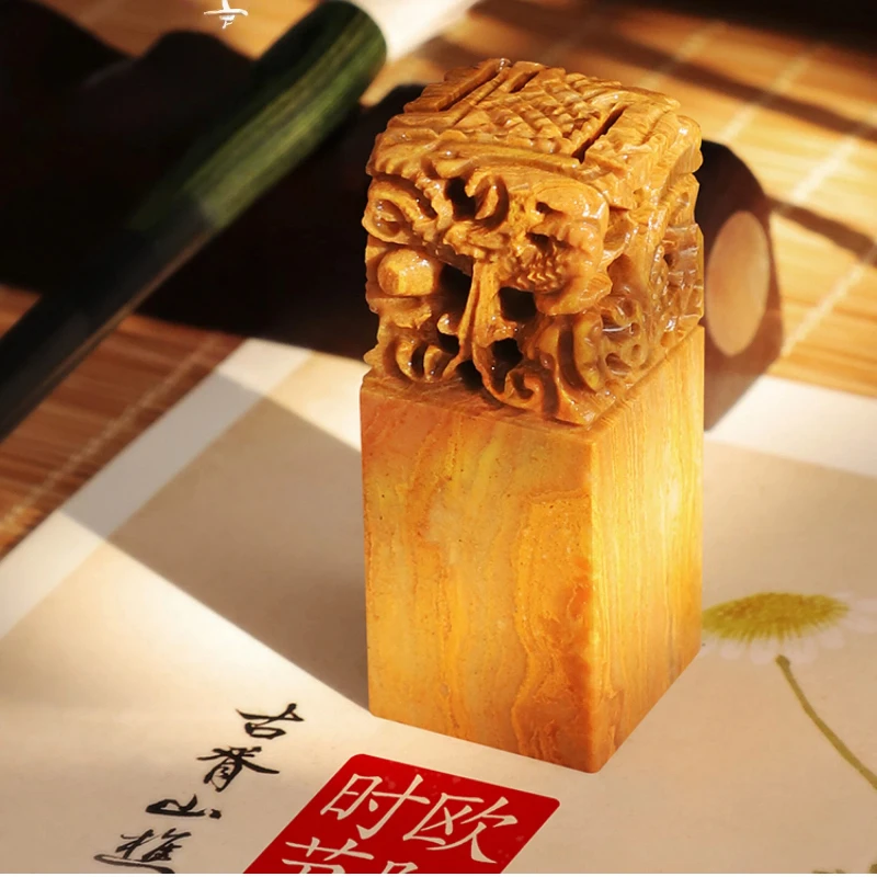 Shoushan Stone Dragon Pattern 맞춤 새겨진 이름 스탬프 서예 개인 서명 인감 빈티지 수제 장식 공예 선물