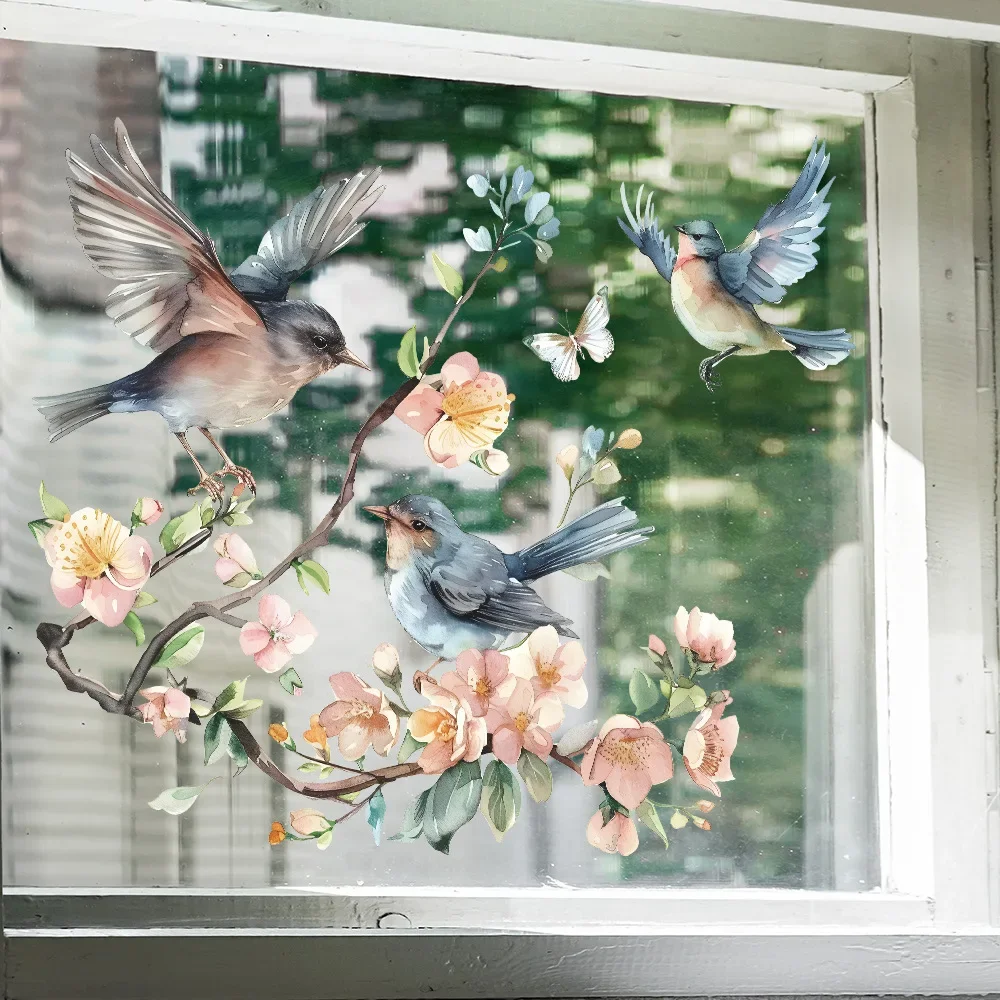 Peach Blossom Twig Bird Glass Window Home Landscaping Decoration Electrostatic Uv Window Sticker Full Body Mirror 1PCS