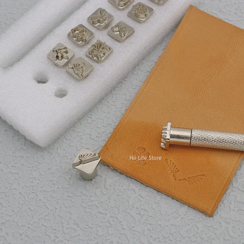 12pcs/lot Leather Stamp Zinc Alloy Seal Stamp Embossing Print Pattern Tools with Handle Plant Tanned Leather Printing Tools