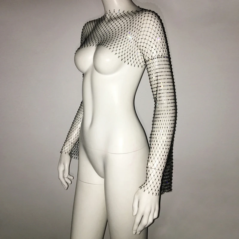 Sweet Diamond Fischernetz Crop Top Hohl Sexy 2024 Sommer Strand Cover Up Patchwork Damen Langarm T-Shirt Y2K Zubehör – Detail 10