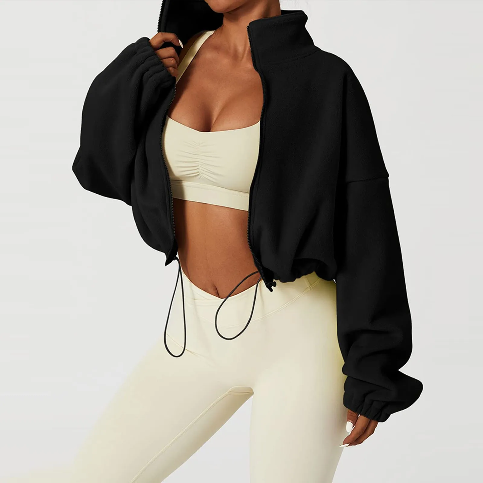 

Women's Fleece Sweatshirt Full Zip Oversized Fleece Cropped Jacket Coat Winter Long Sleeve Stand Collar Female Outwear