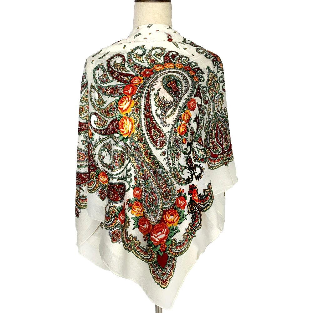 Soft Viscose Paisley Print Square Shawls and Wraps for Women Boho Travel Scarf Russian Shawl National Headscarf  Big Bandana