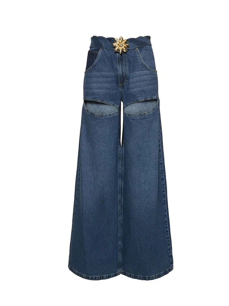 

DEAT Women Jeans High Waist Metal Flower Hollow Out Patchwork Heart Straight Wide Leg Denim Pants 2024 Spring New Fashion LM7310