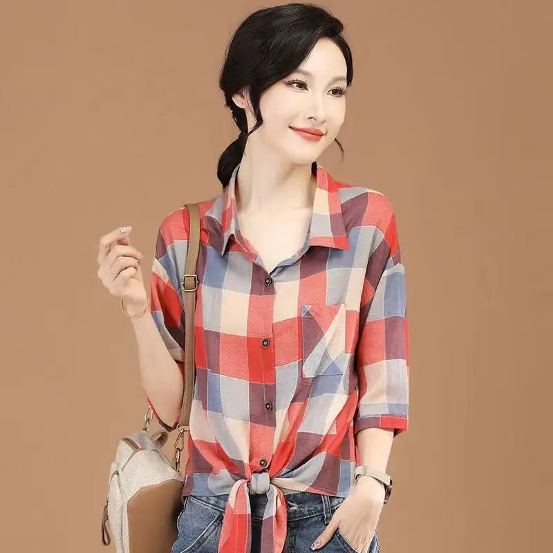 Fashion O-Neck Button Pockets Lace Up Casual Plaid Shirts Women's Clothing 2024 Summer New Loose All-match Tops Commuter Blouses