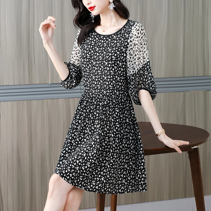

2023 New Fashion Silk Printed Dress Women's Summer Elegant Round Neck 5/4 Sleeve Loose Fit Casual Holiday Dress Vestidos