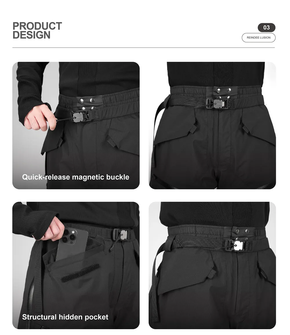 Reindee Lusion 23aw All-weather hard-shell 3L outdoor ski pants rubbered waistband multiple pockets side zipper techwear