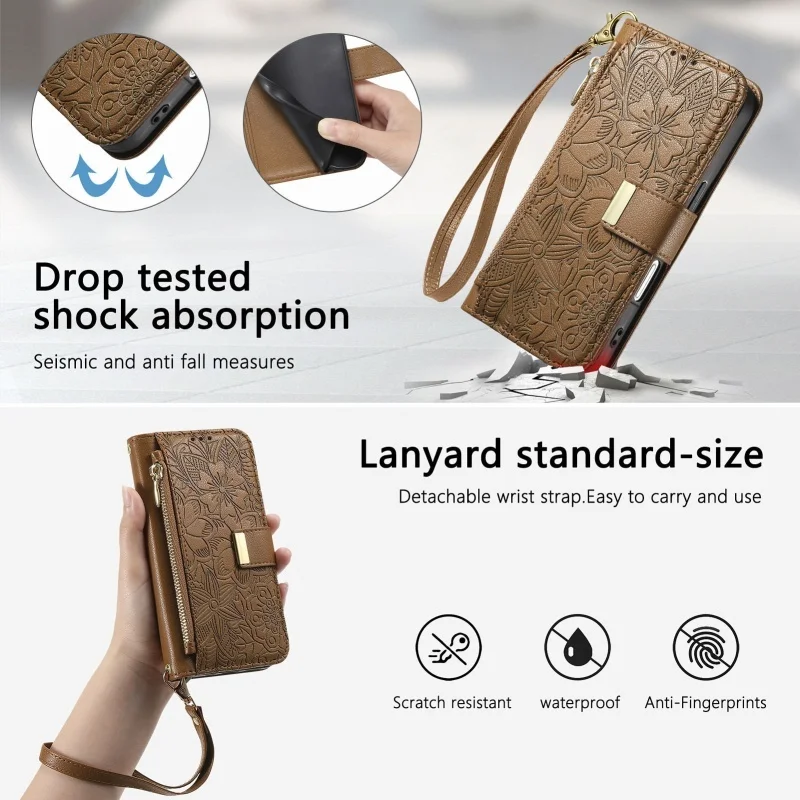 Magnetic Leather Zip Wallet Phone Case with Lanyard