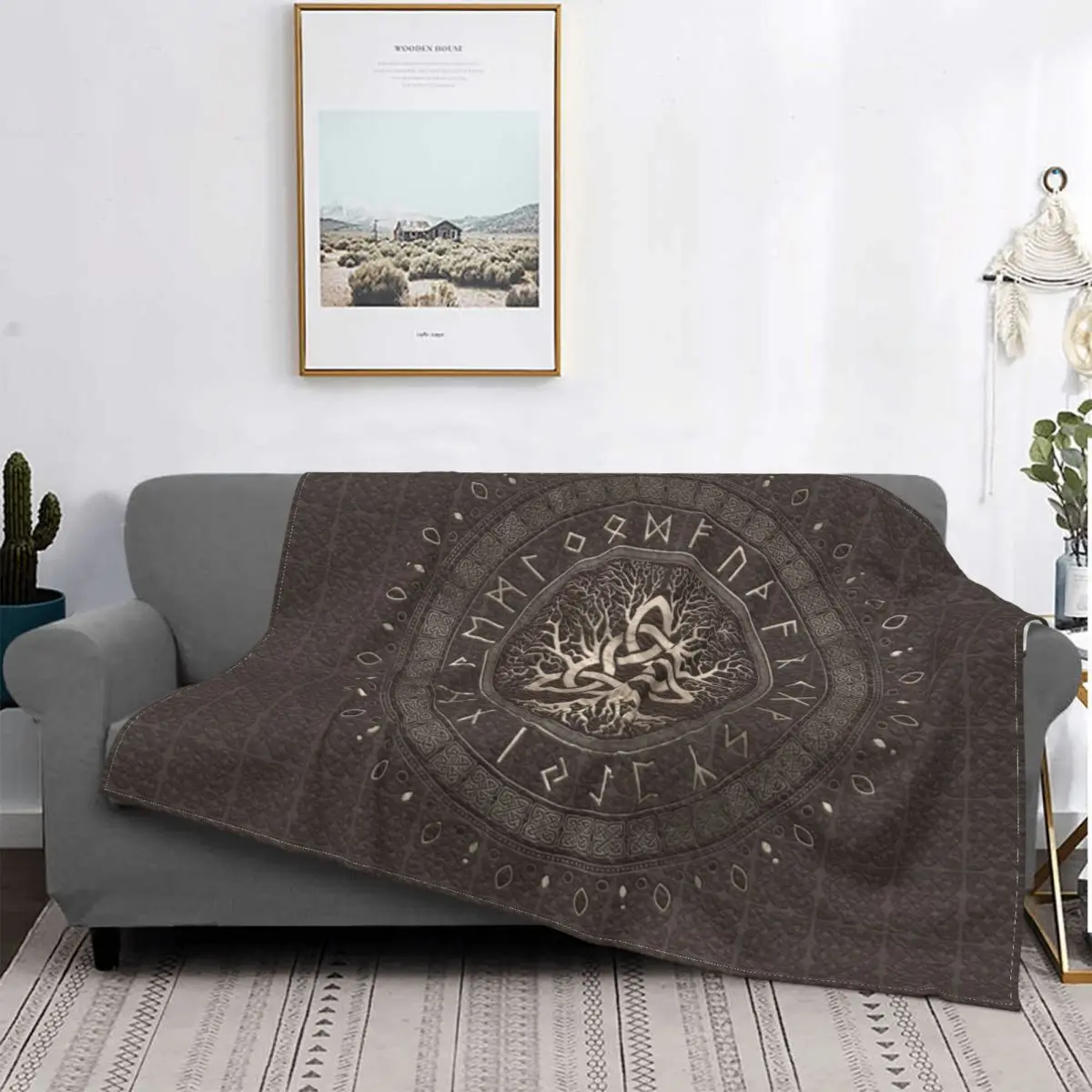 

Fleece Tree Of Life With Triquetra Leather And Gold Throw Blanket Flannel Viking Norse Yggdrasil Blanket for Bed Car Couch Quilt