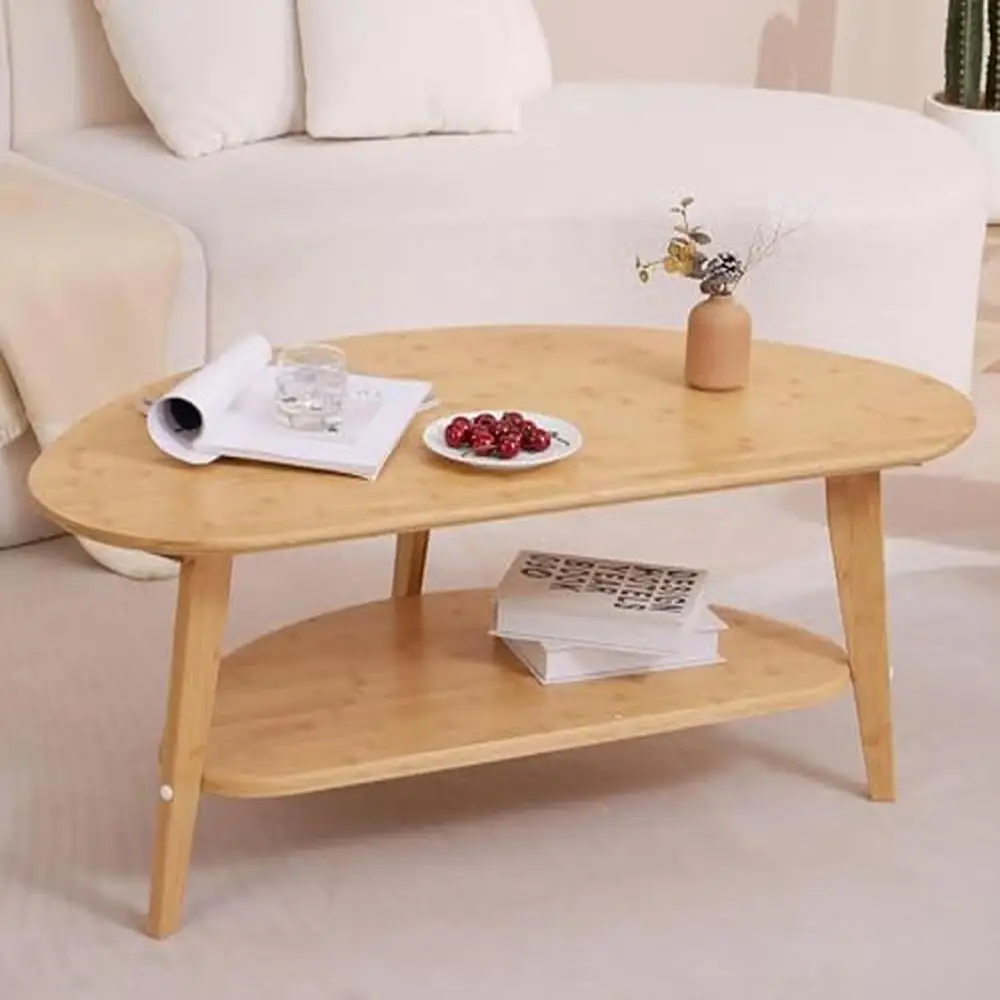 Nature Bamboo Oval Coffee Table with Storage Shelf Mid-Century Modern Living Room Furniture 41.5" Eco-Friendly Paint Durable &