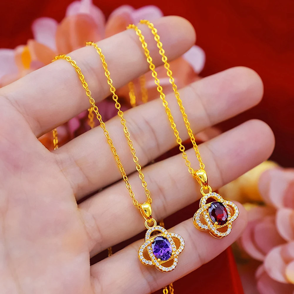 

Sparkling Women Girl Pendant Chain with Red/Purple Cubic Zircon 18k Yellow Gold Filled Classic Oval Cut Pretty Gift