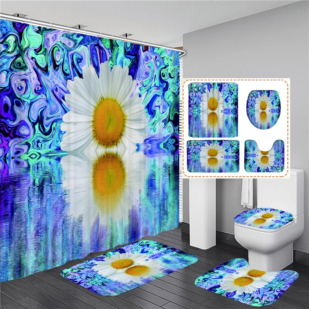 

3D Beautiful Art Flowers Shower Curtain Set Non-Slip Rug Bath Mat Toilet Lid Cover 12 Hooks Waterproof Polyester Bathroom Decor