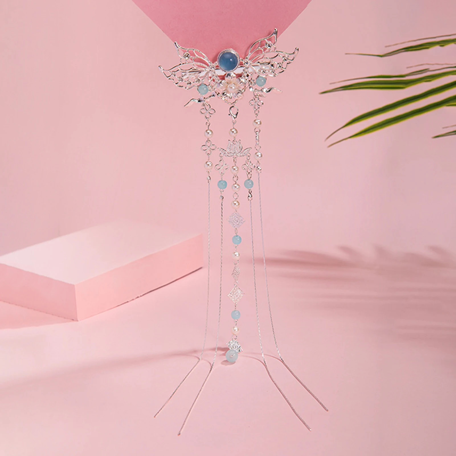 Han Chinese Hair Clips Long Tassel Headpiece For Women Vintage Blue Beads Tiaras Luxury Bride Hair Jewelry Retro Flower Hairpin jewelry set hair accessory hair clip hair headdress