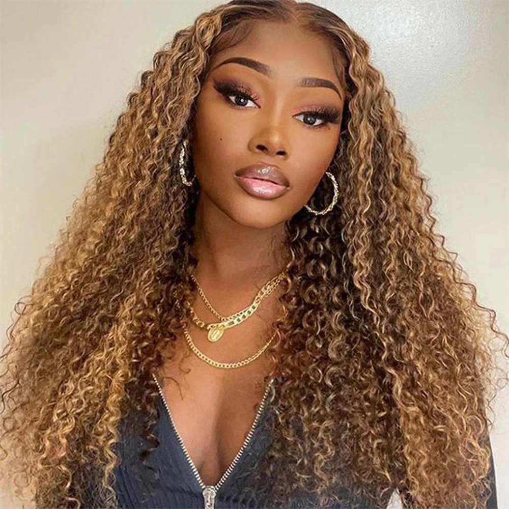 

Honey Blonde Highlight Piano Color 5x5 Lace Closure Curly Human Hair Wig for Women 150 Density Kinky Curly Hair Wigs 24 Inch