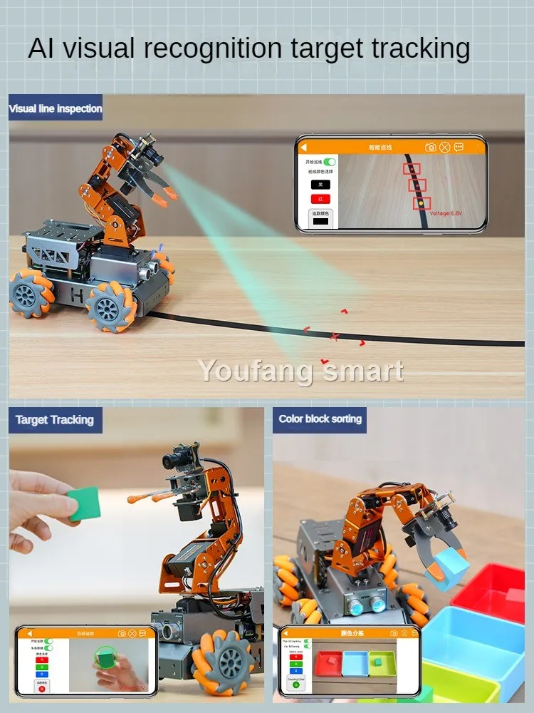 MasterPi 4WD 메카넘 로봇 자동차, 카메라 포함, 라즈베리 파이 4B/5 로봇 DIY 키트, 오픈 소스 AI 파이썬 스타터 키트, 4 Dof 로봇 암
