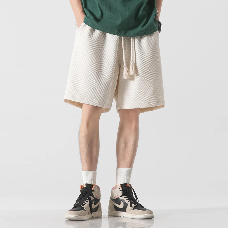 Fashion Solid Color Plaid Straight Casual Shorts Men's Clothing 2024 Summer New Loose Elastic Lace Up High Waist Knee Shorts