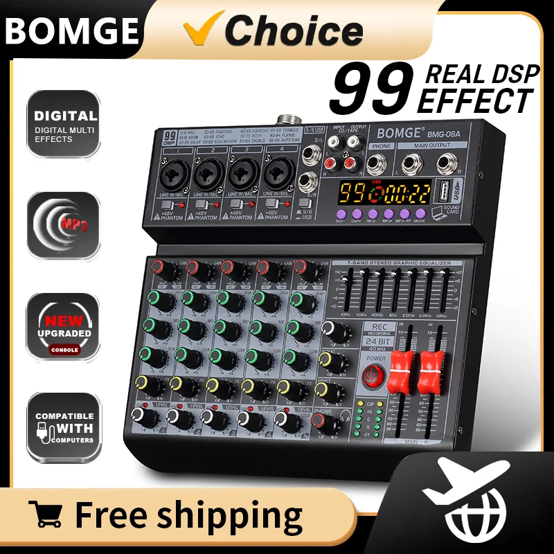 BOMGE 6 チャンネル 99DSP エフェクトオーディオミキサー 7 バンド EQ