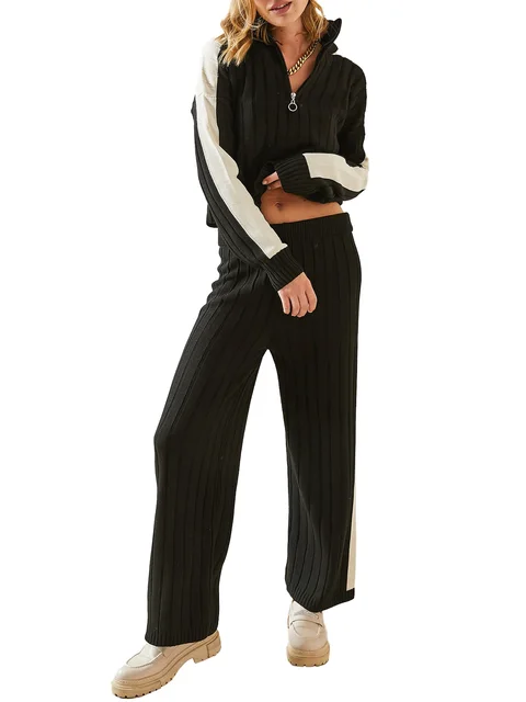 Womens 2 Piece Sweater Sets 2024 Autumn/Winter Half Zip Long Sleeve Pullover Wide Leg Pants Color Block Lounge Tracksuit Outfits 5