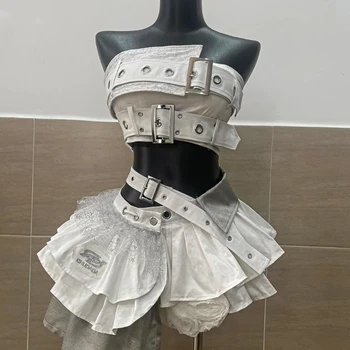 Summer Vintage Elegant Y2K Woman 2 Piece Sets Punk Gothic Strapless Crop Tops +High Waist Ruffle Skirt Female Party Outfits 2025 1