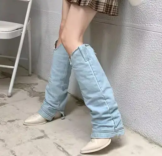 

Light Blue Denim Beige Cow Leather Patchwork Pointed Toe 6 CM Square Heels Fold Knee High Pants Boots Women Long Knight Botas