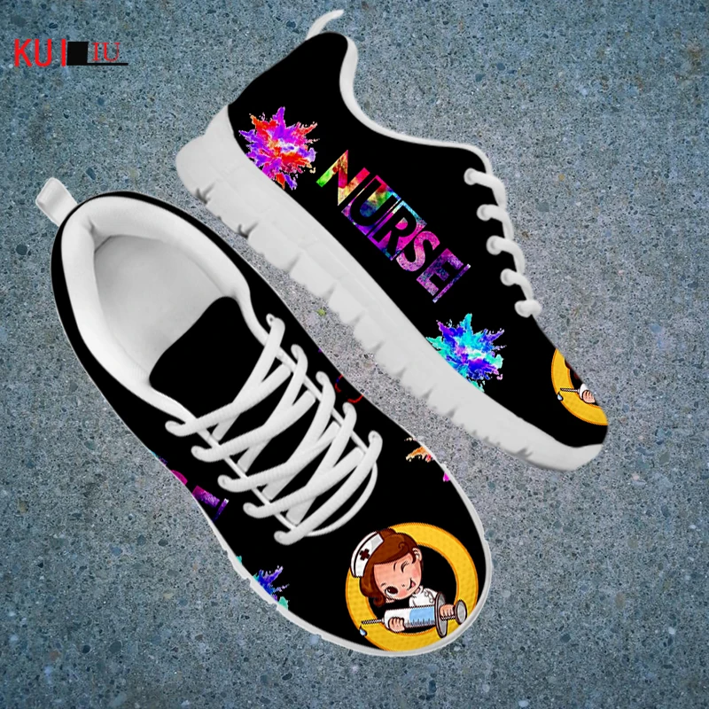 

KUILIU Designer Shoes Casual Lightweight Women Flat Sneakers Cartoon Nurse Breathable Female Male Lace Up Walking Footwear