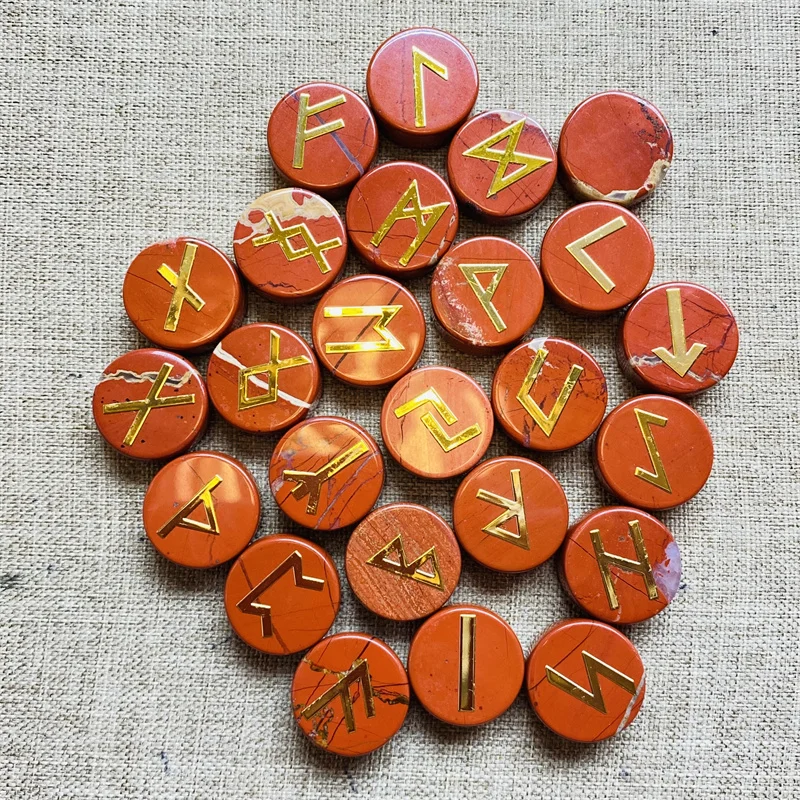 25pcs/Lot Natural Red Jasper  Runes Amulet Set Reiki Healing Crystals Divination Tumbled Round ​Stone Wholesale