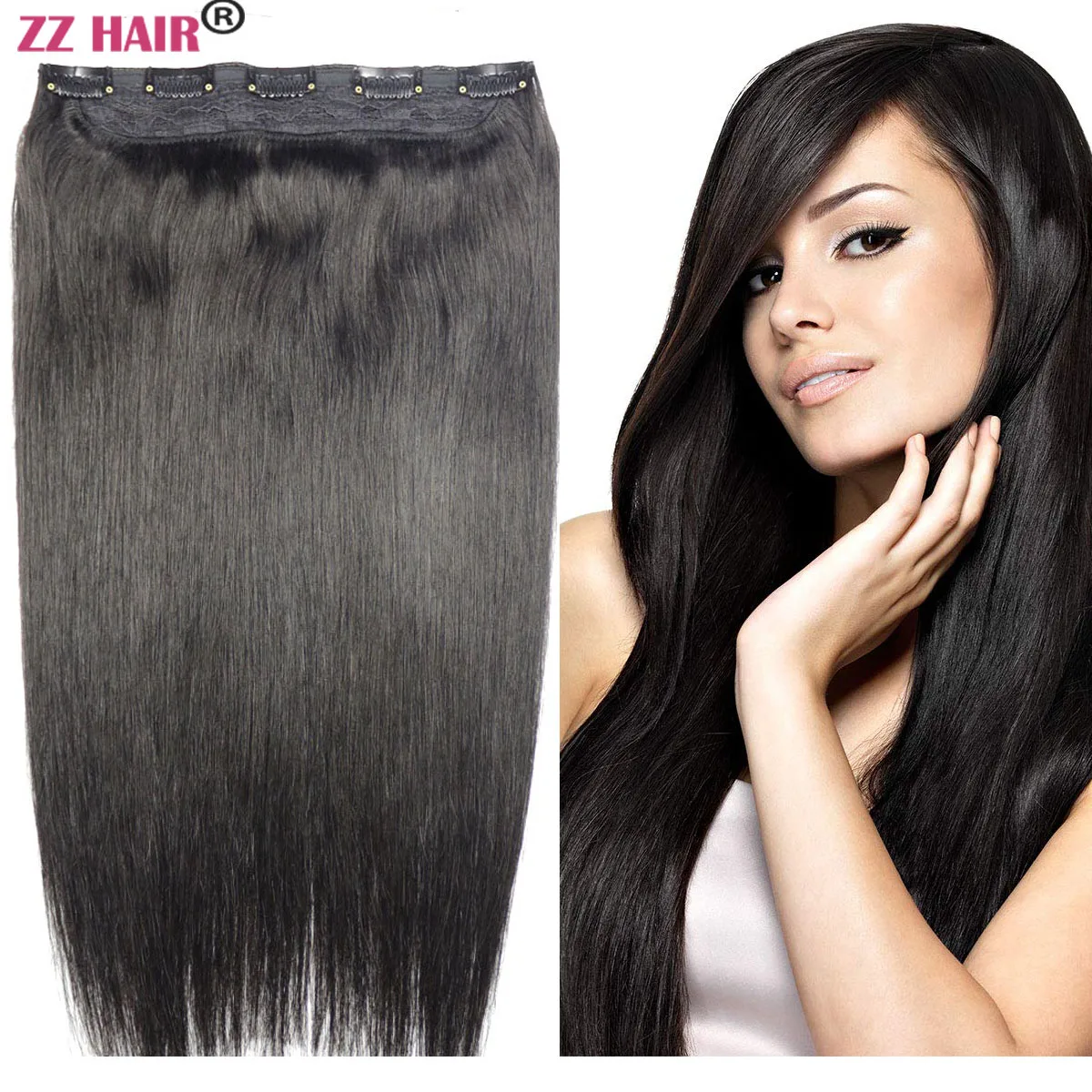 ZZHAIR 100% Brazilain Human Remy Hair Extensions 16"-24" 1pcs Set 80g 100g 5 Clips in One Piece Natural Straight