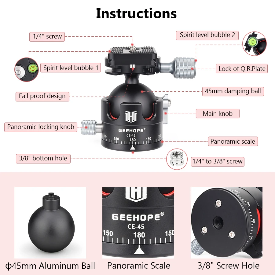 GEEHOPE CE-45 Low Profile Tripod Ballhead Universal Panoramic 45mm BallHead for