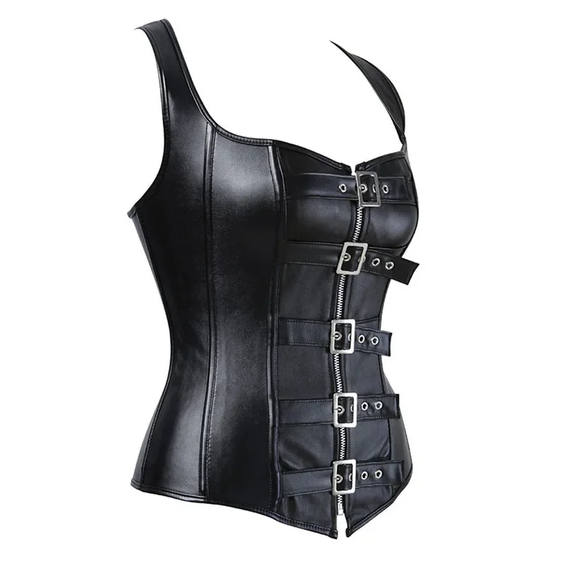 

Bustier Corset Studded Leather Zip Corselet Top Woman Black Buckle Caudatus Straps Vest Gothic Steampunk