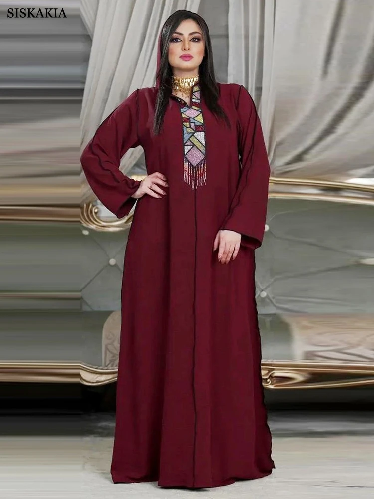 Abayas For Women Hooded Long Sleeve Maxi Dress Rhinestone Beaded Caftan Marocain Abaya Turkey New 2022