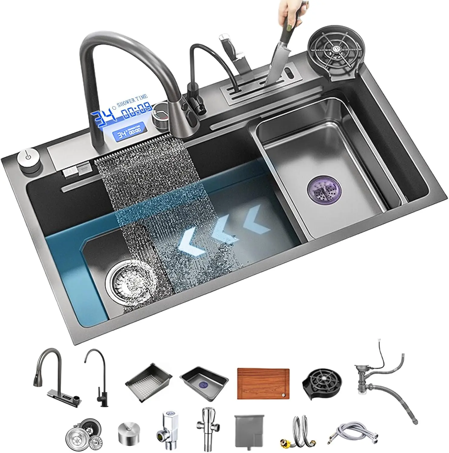 Stainless Steel Kitchen Sink Multifunction Smart LED Digital Display Waterfall Faucet Kitchen Sinks With Cup Washer