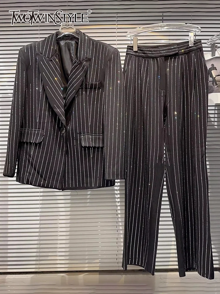 

TWOTWINSTYLE Spliced Diamonds Striped Two Piece Sets For Women Notched Collar Long Sleeve Blazer High Waist Pant Chic Set Female