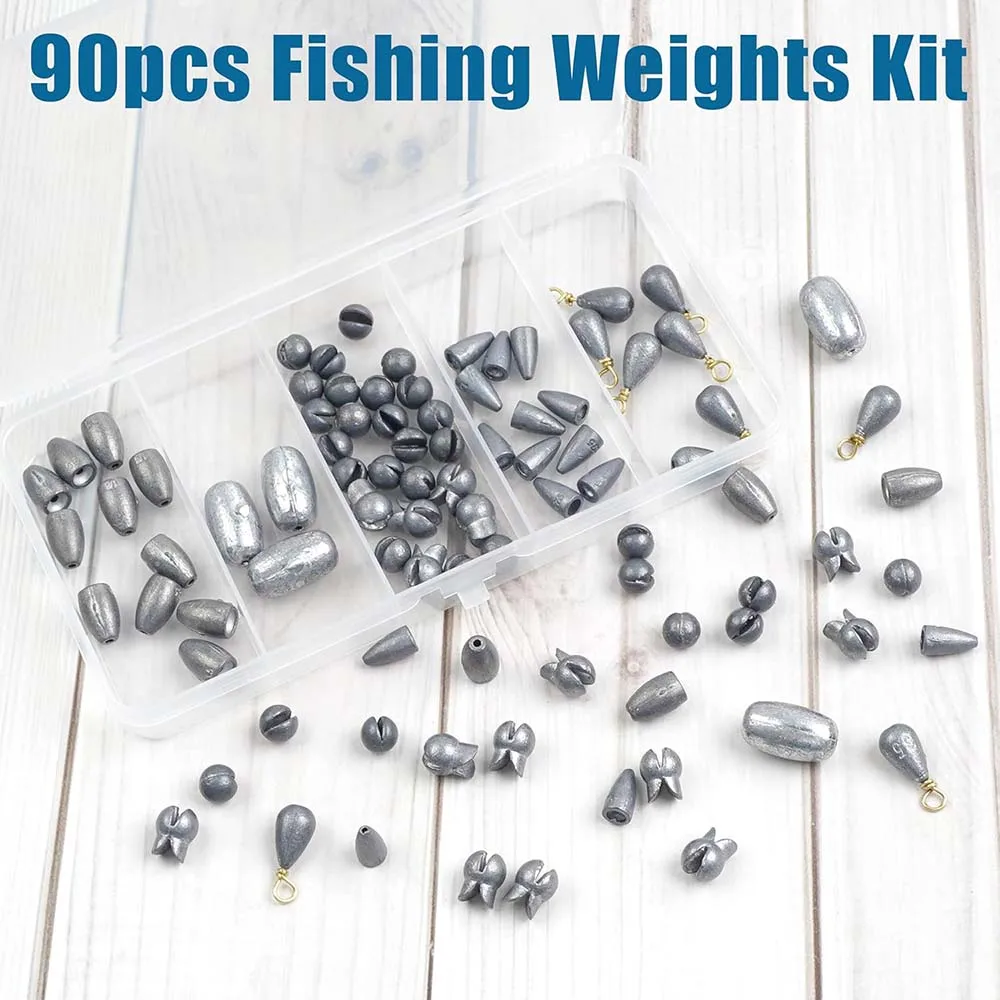 Fishing Tackle Fishing Tool Fishing Counterweight Sinker Fishing Weight Sinkers 90pcs Fishing Weights Kit Bullet Sinkers Split Shot Bell Egg