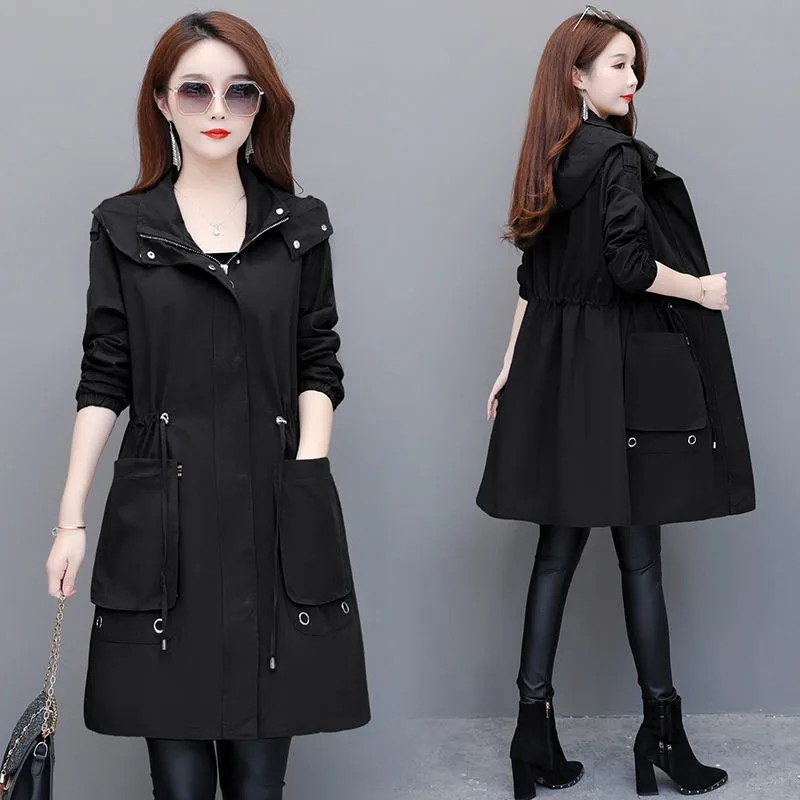 2023 New Spring Autumn Women Windbreaker Mid Length Slim Fit Hooded Casual Large Student Coat Waist Warming Overcoat