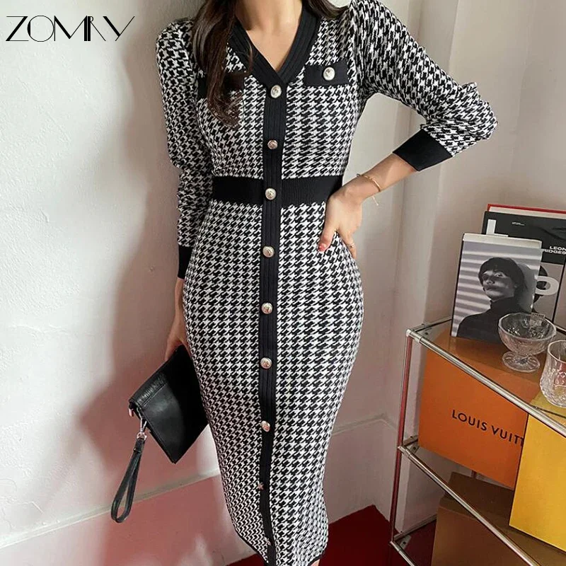 

ZOMRY Vintage Korean Maxi Dress Women Long Sleeve V-neck Elegant Fashion Ladies Vestidos Autumn 2023 Office Lady Business Robe