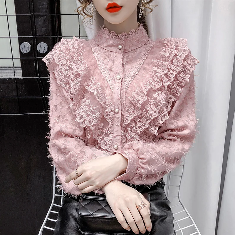 Lace Flounce Frill Tierred Ruflles Blouse Women Stand Neck Winter Distressed Tassel Tops Pink Pearl Button Princess Lolita Shirt