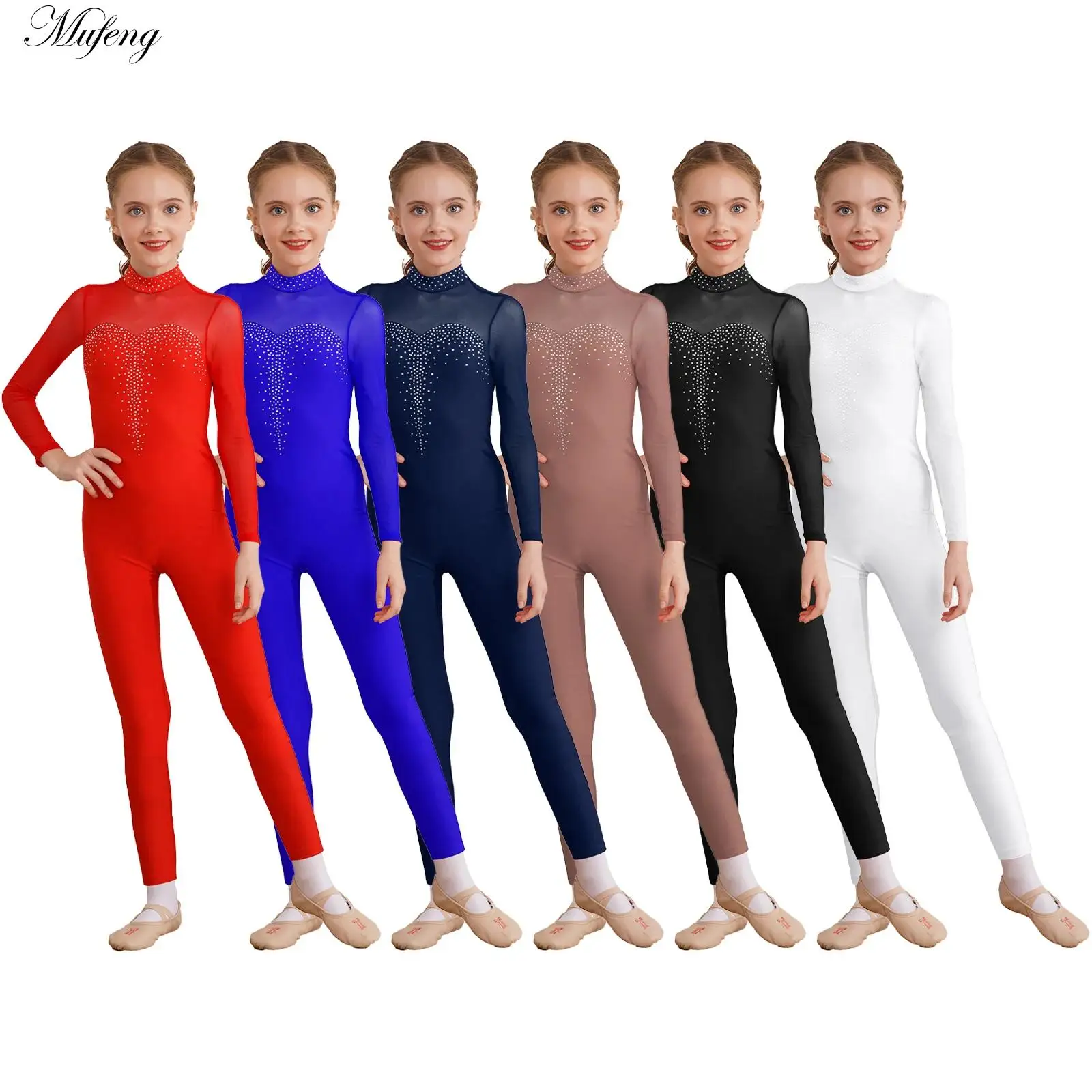 

Kids Girls Ballet Gymnastics Leotard Figure Skating Dance Performance Costume Long Sleeve Rhinestone Unitard Sheer Mesh Jumpsuit