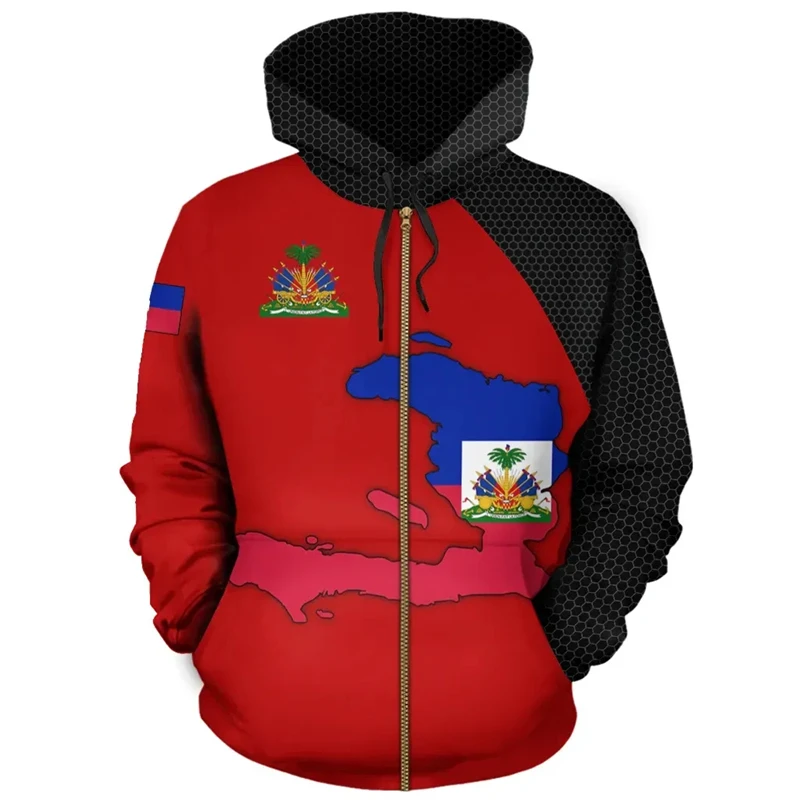 thumbnail image 1 of Nueva moda deportiva con estampado de bandera haitiana, sudaderas con capucha con cremallera, emblema nacional de la isla de Haití del mar Caribe, impresión 3D, jerseys de manga larga, 1 of 5