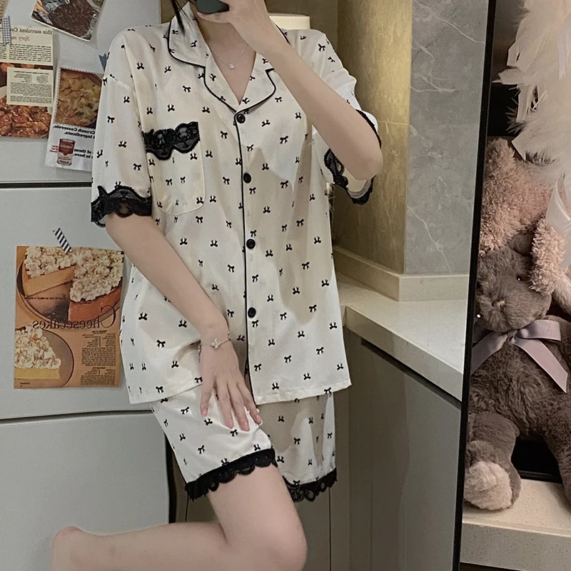 Summer new cardigan button small lapel pajama women's suit silk ice pure lace short sleeve thin two-piece oil painting home suit