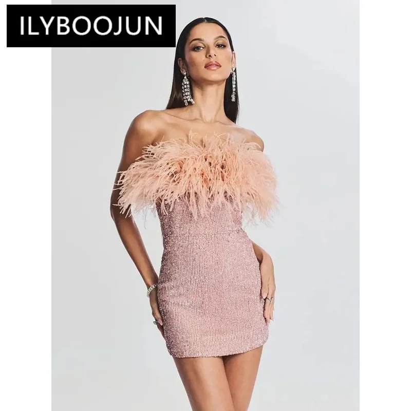 

ILYBOOJUN Newest Women Sexy Strapless Ostrich Feathers Pink Sequins Bodycon Dress 2023 High Street Glitter Party Dress Vestido