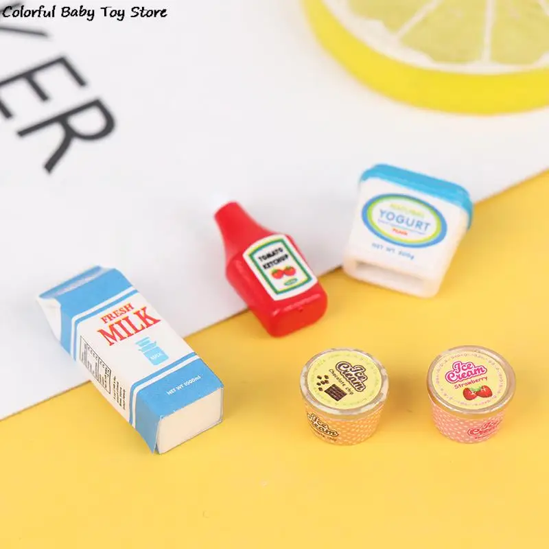 Pretend Kitchen Toys 5Pcs/Set 1:12 Dollhouse Miniature Food Mini Tomato Sauce Iced Yogurt Dolls Kitchen Toy