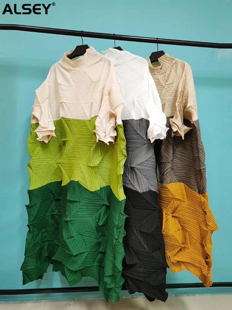 

ALSEY Miyake Diamond Pleated Elegant Party Dress for Women 2024 Autumn New Full Sleeves Color Block Turtleneck Loose Dresses