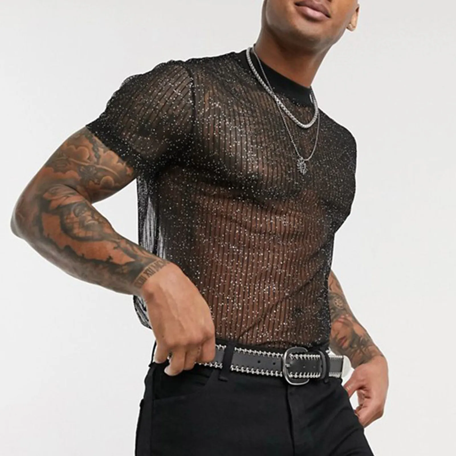 

Mens Sexy Glitter T Shirt Mesh Oversize Short Sleeve Nightclub T-Shirt Summer Sheer See Through Elastic Party Blouse Clubwear