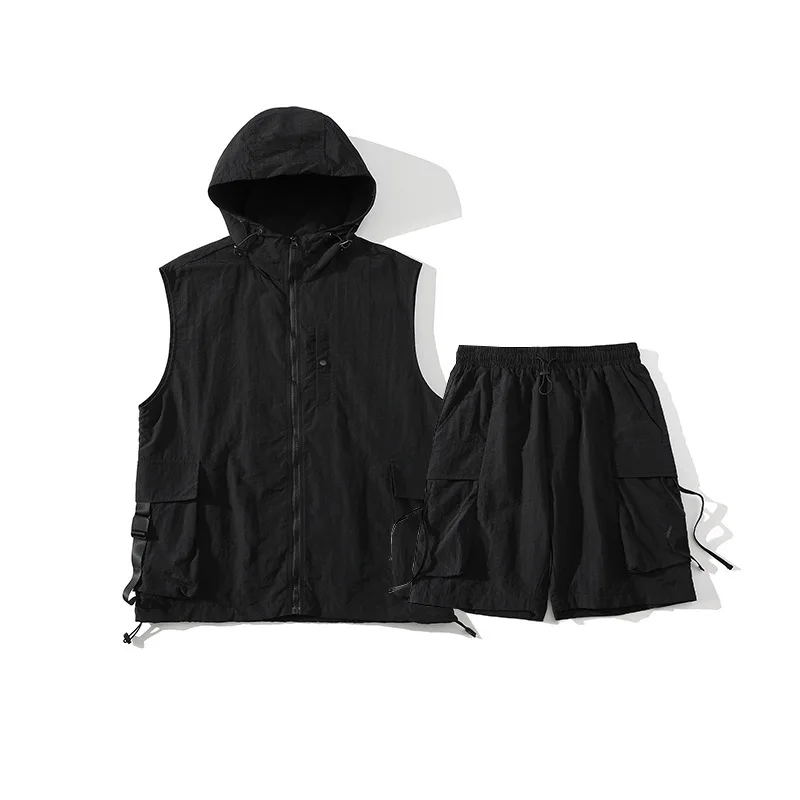 Men's Sleeveless Hooded Shorts Suit Quick-Drying Breathable Workwear Casual Summer Cargo Set Men
