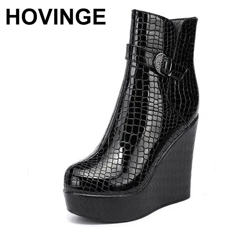 

HOVINGE New spring Autumn Women Ankle Boots Women wedge platform high heels Boots Solid Lace-up Fashion Ladies shoes Plus size